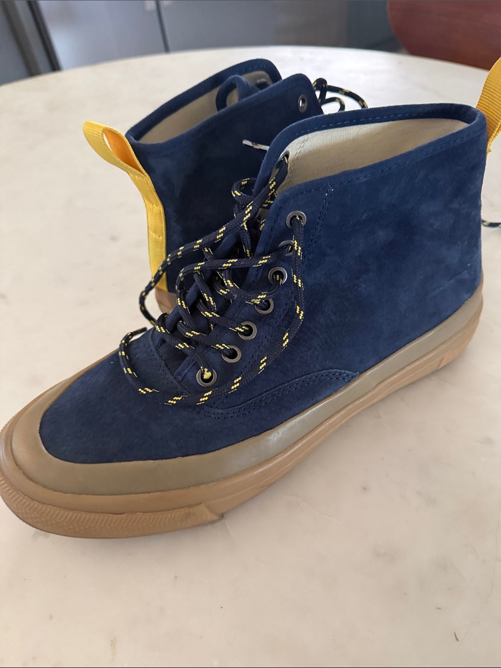 SeaVees Navy Suede Chukka Boots with Yellow Accents